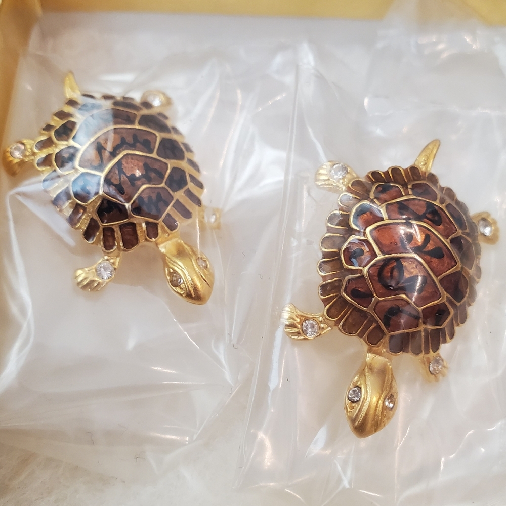 Turtle Brooch Brown Enamel Gold Tone Rhinestone Pin Premier Designs